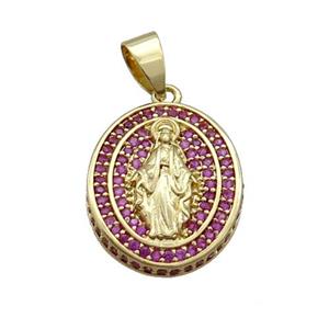Copper Jesus Pendant Pave Hotpink Zircon Oval Gold Plated, approx 16-19mm [FN34256]