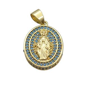 Copper Jesus Pendant Pave Turq Zircon Oval Gold Plated, approx 16-19mm [FN34257]
