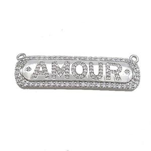 Copper Rectangle Pendant Pave Zircon AMOUR with 2loops Platinum Plated, approx 12-40mm [FN34282]