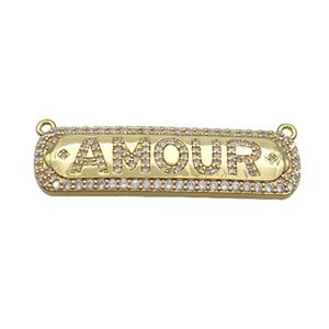 Copper Rectangle Pendant Pave Zircon AMOUR with 2loops Gold Plated, approx 12-40mm [FN34283]