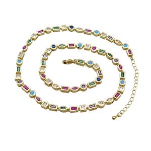 Copper Necklace Pave Zircon Multicolor Gold Plated, approx 4-5mm, 41-45cm length [FN34289]