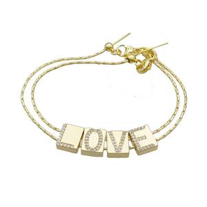 Copper Bracelet With LOVE Pave Zircon Gold Plated, approx 8-10mm, 1.0mm, 18cm length [FN34296]