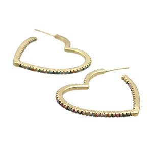 Copper Stud Earring Pave Zircon Heart Gold Plated, approx 35mm [FN34320]