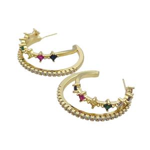 Copper Stud Earring Pave Zircon Multicolor Gold Plated, approx 5mm, 35mm dia [FN34333]