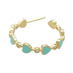 Copper Stud Earring Teal Enamel Heart Gold Plated, approx 5.5mm, 33mm dia [FN34338]