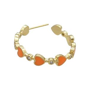 Copper Stud Earring Orange Enamel Heart Gold Plated, approx 5.5mm, 33mm dia [FN34339]