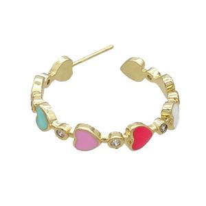 Copper Stud Earring Multicolor Enamel Heart Gold Plated, approx 5.5mm, 33mm dia [FN34340]
