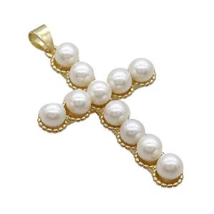 Copper Cross Pendant Pave Pearlized Glass Gold Plated, approx 26-38mm [FN34358]