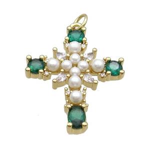 Copper Cross Pendant Pave Pearlized Glass Gold Plated, approx 21-27mm [FN34359]
