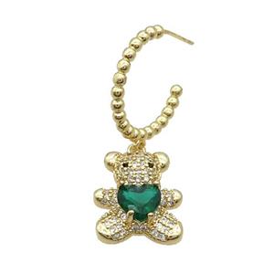 Copper Stud Earring With Bear Pave Zircon Green Gold Plated, approx 14-18mm, 18mm dia [FN34362]
