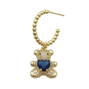 Copper Stud Earring With Bear Pave Zircon Blue Gold Plated, approx 14-18mm, 18mm dia [FN34363]