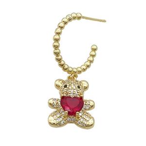 Copper Stud Earring With Bear Pave Zircon Red Gold Plated, approx 14-18mm, 18mm dia [FN34364]