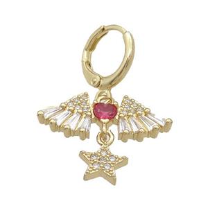 Copper Hoop Earring Pave Zircon Angel Wing Star Gold Plated, approx 8mm, 10-22mm, 12mm dia [FN34391]