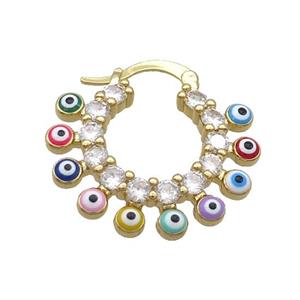 Copper Latchback Earring Pave Zircon Multicolor Evil Eye Gold Plated, approx 26mm dia [FN34392]