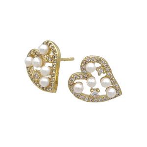 Copper Stud Earring Pave Zircon Heart Gold Plated, approx 11.5-13.5mm [FN34394]
