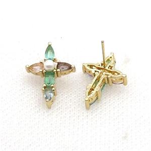 Copper Cross Stud Earring Pave Zircon Gold Plated, approx 15-20mm [FN34395]