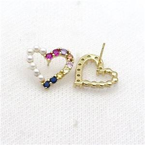 Copper Heart Stud Earring Pave Multicolor Zircon Gold Plated, approx 17.5mm [FN34397]