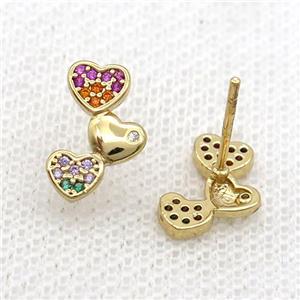 Copper Stud Earring Pave Zircon Heart Gold Plated, approx 8-12.5mm [FN34401]