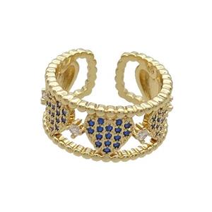 Copper Rings Pave Blue Zircon Heart Gold Plated, approx 10mm, 20mm dia [FN34415]