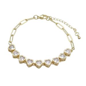 Copper Bracelets Pave Zircon Heart Gold Plated, approx 7mm, 4-11mm, 17-22cm length [FN34433]