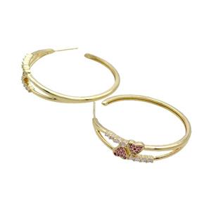 Copper Stud Earring Pave Zircon Heart Gold Plated, approx 8mm, 40mm dia [FN34452]