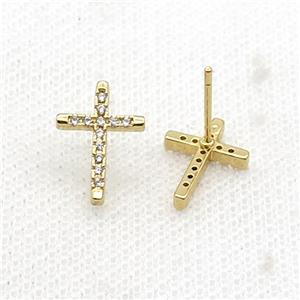 Copper Stud Earring Pave Zircon Cross Gold Plated, approx 10-14mm [FN34454]