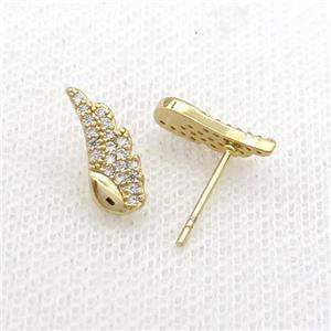 Copper Stud Earring Pave Zircon Angel Wing Gold Plated, approx 5-13mm [FN34455]