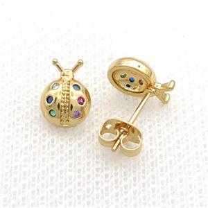 Copper Stud Earring Pave Zircon Ladybug Gold Plated, approx 7.5-10mm [FN34459]