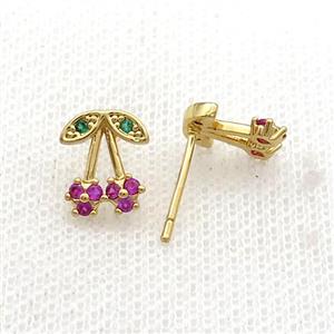 Copper Stud Earring Pave Zircon Strawberry Gold Plated, approx 9-10mm [FN34460]