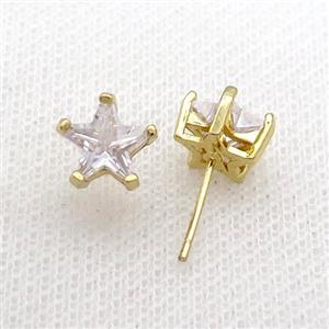 Copper Stud Earring Pave White Crystal Star Gold Plated, approx 9mm [FN34464]