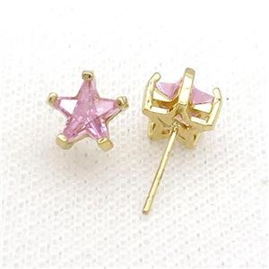 Copper Stud Earring Pave Pink Crystal Star Gold Plated, approx 9mm [FN34465]