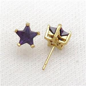 Copper Stud Earring Pave Purple Crystal Star Gold Plated, approx 9mm [FN34467]