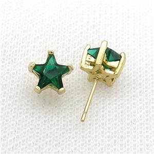 Copper Stud Earring Pave Green Crystal Star Gold Plated, approx 9mm [FN34469]