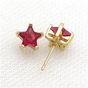 Copper Stud Earring Pave Red Crystal Star Gold Plated, approx 9mm [FN34470]