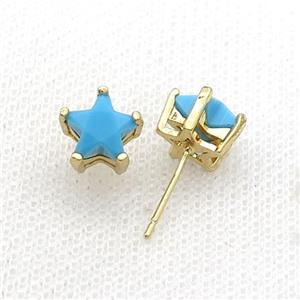 Copper Stud Earring Pave Turq Crystal Star Gold Plated, approx 9mm [FN34471]