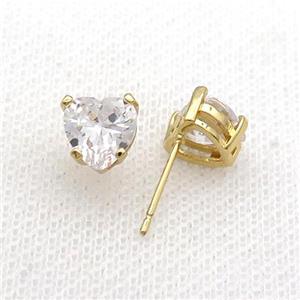 Copper Stud Earring Pave Clear Crystal Heart Gold Plated, approx 8mm [FN34472]