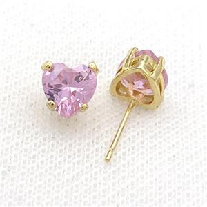 Copper Stud Earring Pave Pink Crystal Heart Gold Plated, approx 8mm [FN34473]