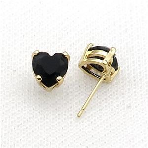 Copper Stud Earring Pave Black Crystal Heart Gold Plated, approx 8mm [FN34474]