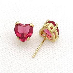Copper Stud Earring Pave Red Crystal Heart Gold Plated, approx 8mm [FN34476]