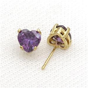 Copper Stud Earring Pave Purple Crystal Heart Gold Plated, approx 8mm [FN34477]
