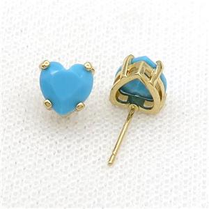 Copper Stud Earring Pave Turq Crystal Heart Gold Plated, approx 8mm [FN34479]