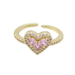 Copper Ring Pave Pink Zircon Heart Gold Plated, approx 10-12mm, 18mm dia [FN34484]