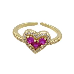 Copper Ring Pave Hotpink Zircon Heart Gold Plated, approx 10-12mm, 18mm dia [FN34485]
