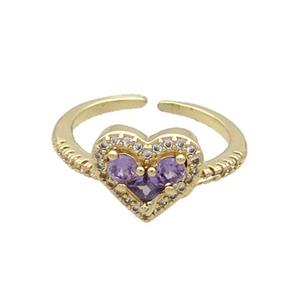 Copper Ring Pave Purple Zircon Heart Gold Plated, approx 10-12mm, 18mm dia [FN34486]