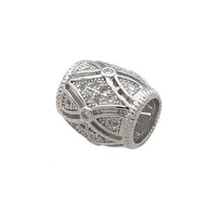 Copper Barrel Beads Pave Zircon Large Hole Platinum Plated, approx 10-10.5mm, 5mm hole [FN34536]