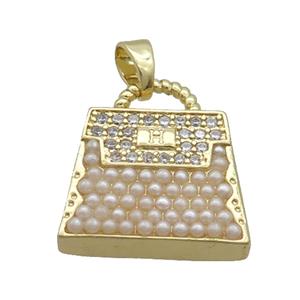 Copper Bag Charm Pendant Pave Zircon Pearlized Resin Gold Plated, approx 16-22mm [FN34595]