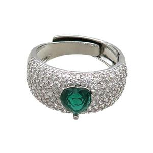 Copper Ring Pave Zircon Green Crystal Glass Heart Adjustable Platinum Plated, approx 6mm, 9mm, 18mm dia [FN34616]