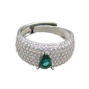 Copper Ring Pave Zircon Green Crystal Glass Teardrop Adjustable Platinum Plated, approx 5-7mm, 9mm, 18mm dia [FN34618]