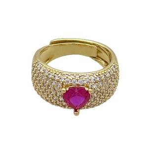 Copper Ring Pave Zircon Hotpink Crystal Glass Heart Adjustable Gold Plated, approx 6mm, 9mm, 18mm dia [FN34621]