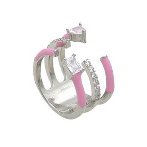 Copper Ring Pave Zircon Pink Enamel Platinum Plated, approx 12mm, 17mm dia [FN34625]